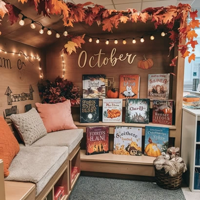 A cozy reading nook decorated for October with fall-themed decorations, fairy lights, and a selection of Halloween-themed books on display.