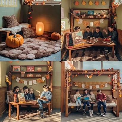 A collage of cozy reading nooks decorated with autumn-themed items, featuring children reading books and engaging in quiet activities.