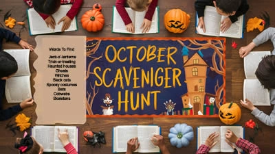 Children sitting around a table with books, participating in an October-themed scavenger hunt, with Halloween decorations and a list of words to find.