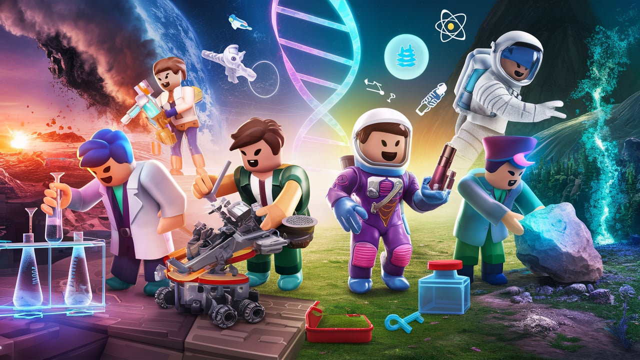Roblox avatars engaged in science lessons with Roblox games, featuring roles like scientist, engineer, astronaut, and paleontologist.