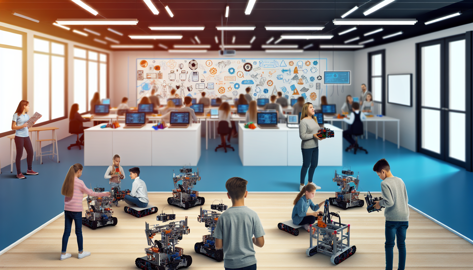 Alt Text: A classroom focused on robotics education featuring students working with various robots and computers. The front area has children assembling and programming robots on the floor, while the back area has students seated at desks, using computers. The walls are decorated with educational illustrations related to robotics and technology. The classroom is well-lit with large windows and modern lighting.