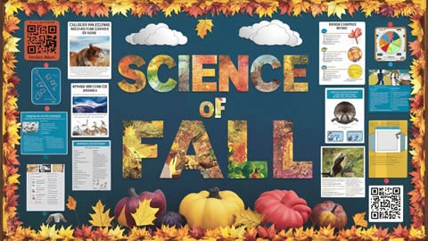 Bulletin board display titled 'Science of Fall' featuring educational materials about the autumn season. The board is decorated with images, text, and diagrams related to fall, framed by a border of colorful autumn leaves and pumpkins.