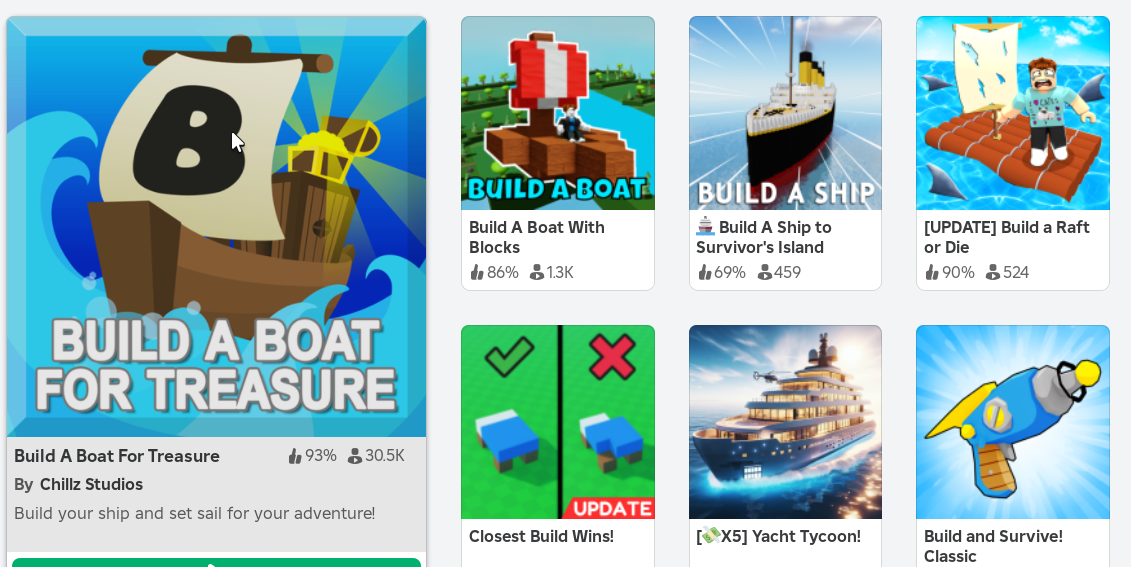 Screenshot showing the Roblox game 'Build A Boat for Treasure' alongside other boat-building games. The image highlights 'Build A Boat for Treasure,' a popular game that teaches problem-solving through creative boat design and strategy.