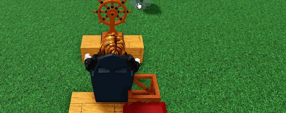 Overhead view of a player in 'Build A Boat for Treasure' on Roblox, preparing to steer their boat, highlighting the game's focus on strategic design and problem-solving.