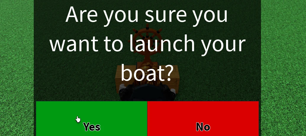 Confirmation screen in 'Build A Boat for Treasure' on Roblox asking if the player is sure they want to launch their boat, highlighting a decision point in problem-solving gameplay.