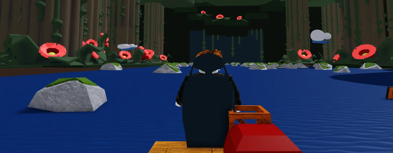 Gameplay from 'Build A Boat for Treasure' on Roblox, showing a player navigating a boat through a river filled with rocks and obstacles, demonstrating problem-solving challenges.