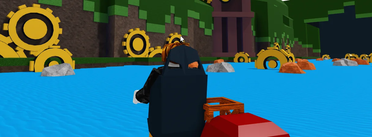 Roblox 'Build A Boat for Treasure' gameplay showing a player navigating through a river with rotating gears and rocks, emphasizing problem-solving in game design.