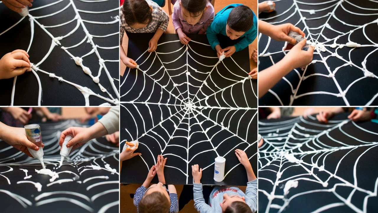 Children working together to create a large spider web design on black construction paper using white glue.