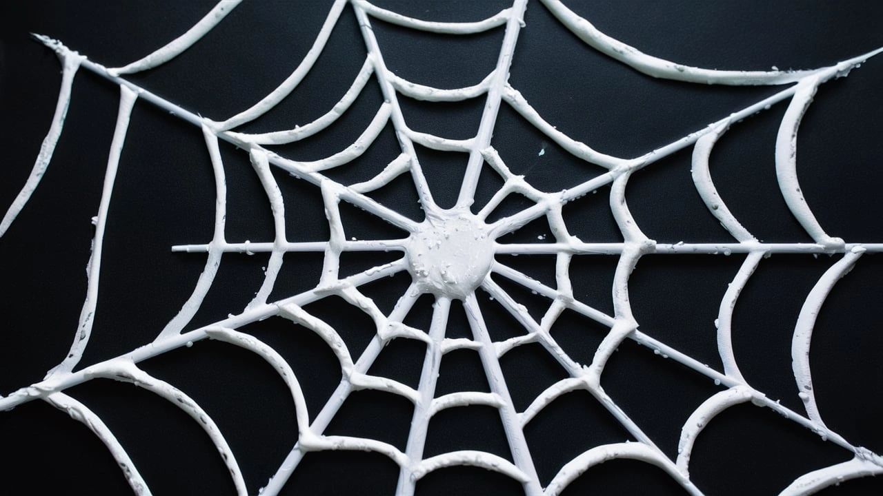 Close-up of a spider web pattern made with white glue on black construction paper.