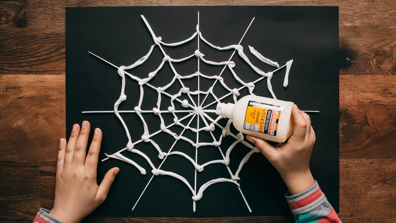 A child creating a spider web design on black construction paper using white glue, with a bottle of glue in one hand and the other hand steadying the paper.