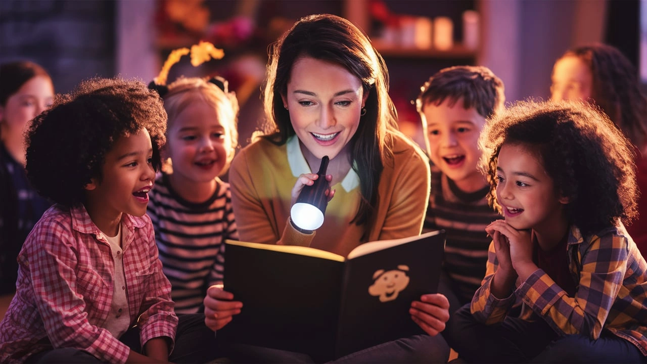 Teacher reading a story to a group of children with a flashlight.