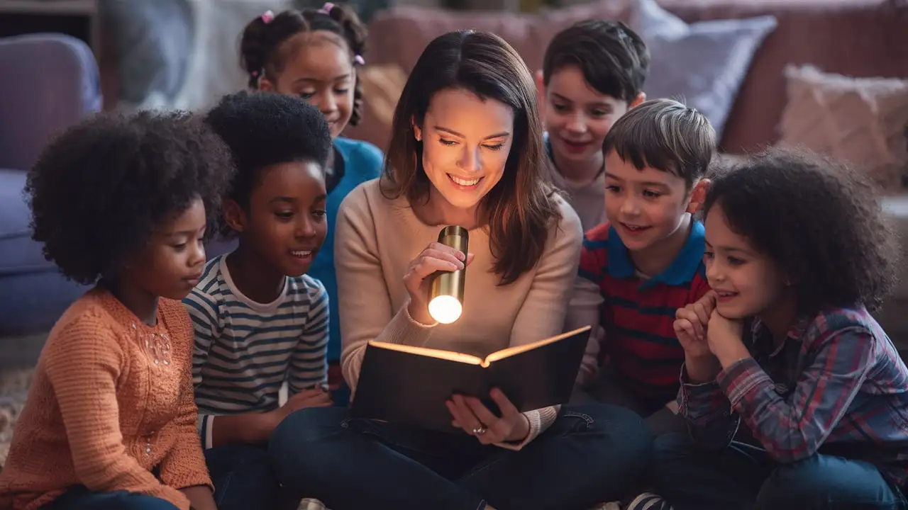 Teacher reading a story with a flashlight to a group of engaged children.