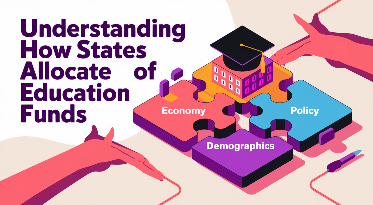 Illustration showing how states fund public education through key factors like economy, policy, and demographics.
