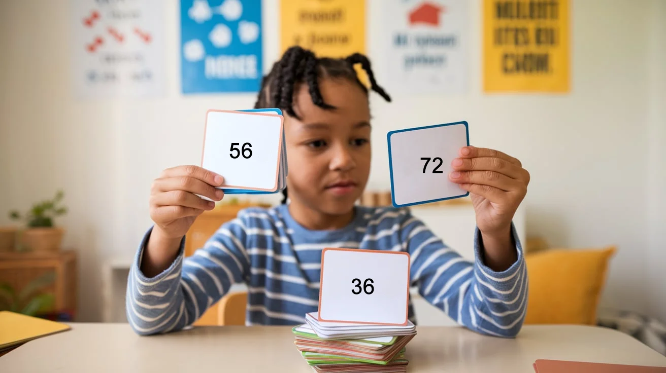 Child learning multiplication by holding multiplication flashcards with numbers 56, 36, and 72. Flash cards help teach multiplication.