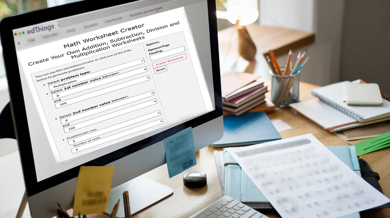 Computer screen showing a math worksheet creator for teaching multiplication.