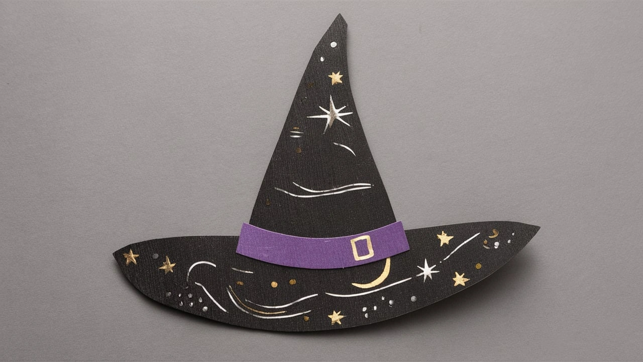 Flat witch hat bookmark made from black construction paper with a purple band and gold buckle, decorated with white, silver, and gold star and swirl designs.