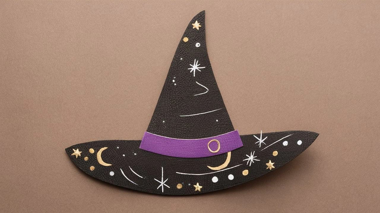 Flat witch hat bookmark made from black construction paper, decorated with a purple band and gold ring, adorned with gold, silver, and white celestial designs