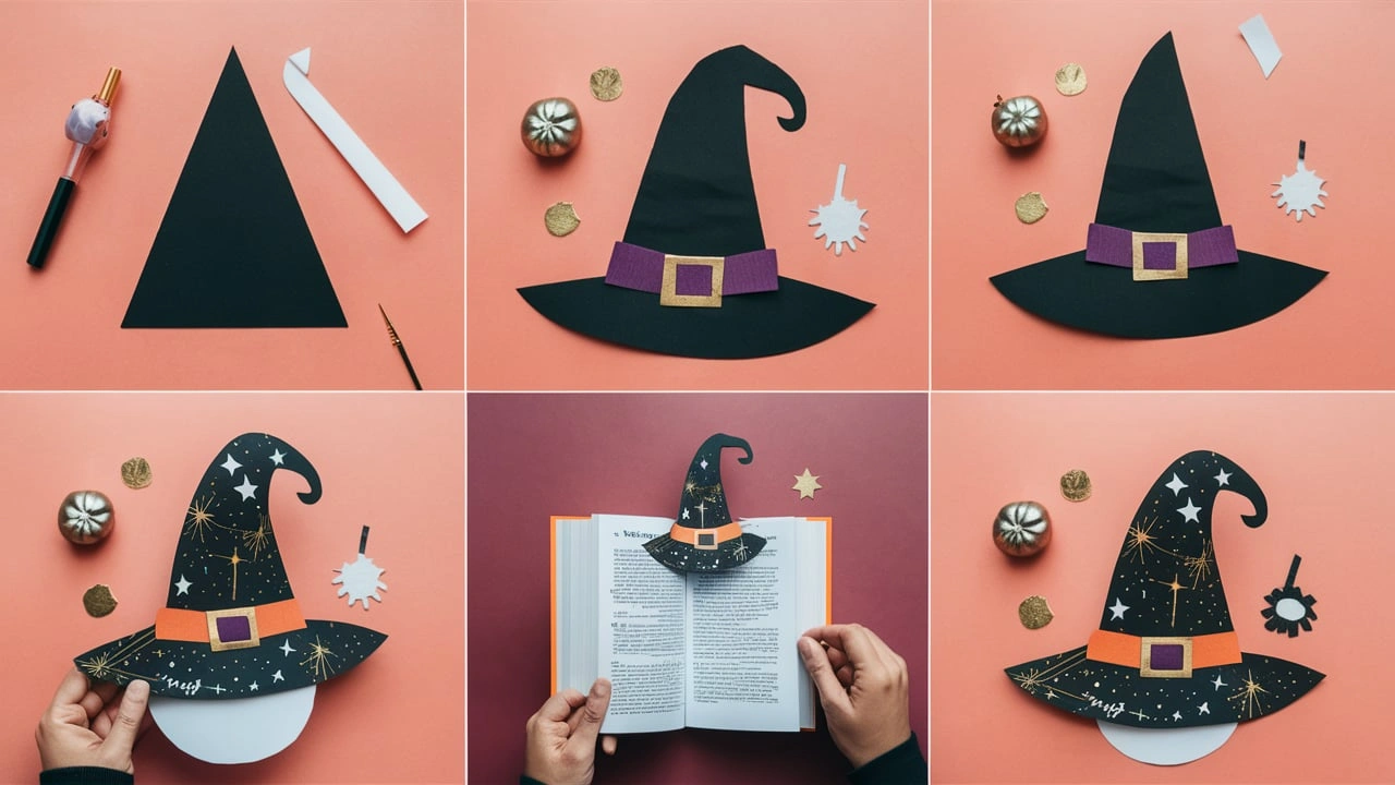 Step-by-step process of creating a Witch Hat Bookmark, from cutting out the shapes to assembling and decorating the hat, ending with the bookmark being used inside a book.
