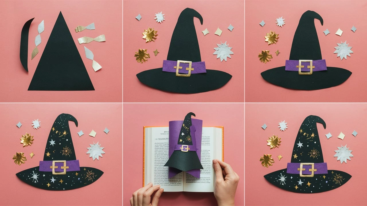 Step-by-step visual guide showing the creation of a Witch Hat Bookmark, from cutting out shapes to assembling, decorating the hat, and finally using it as a bookmark in a book.