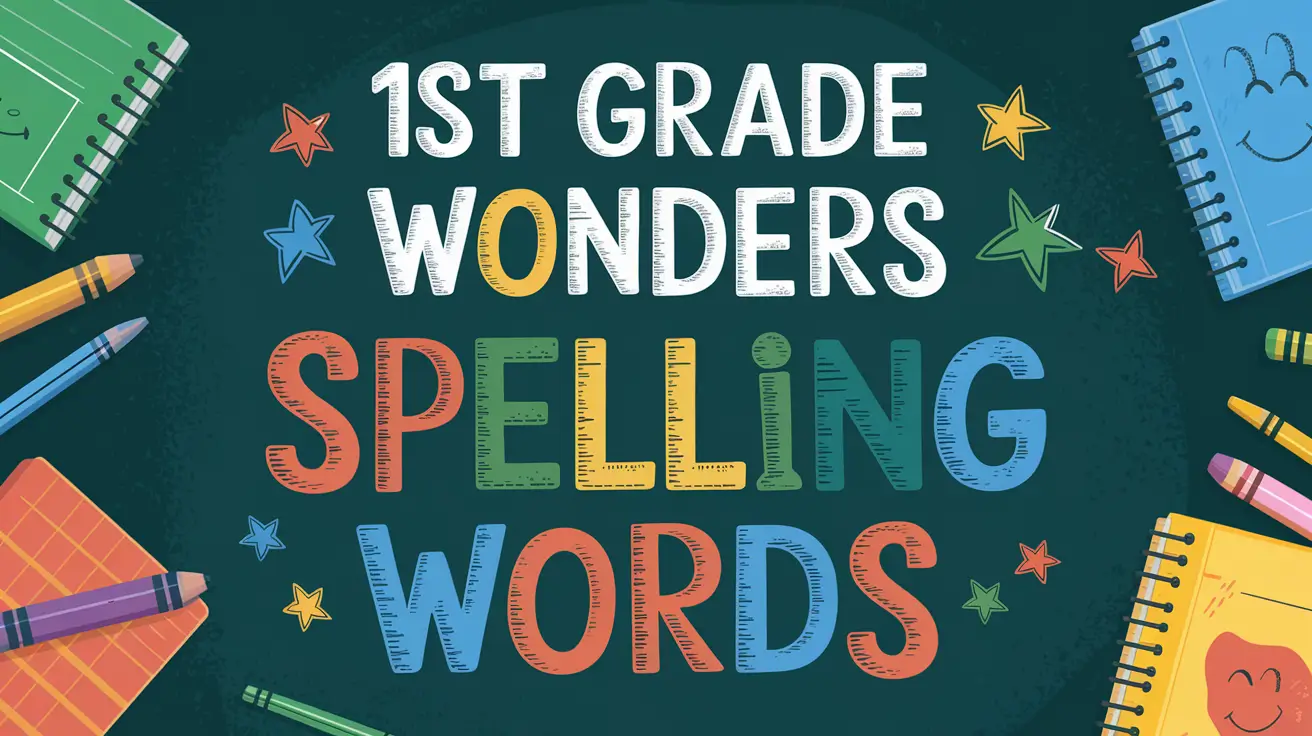 1st Grade Wonders Spelling Words with colorful text, stars, and school supplies like pencils and notebooks on a teal background.