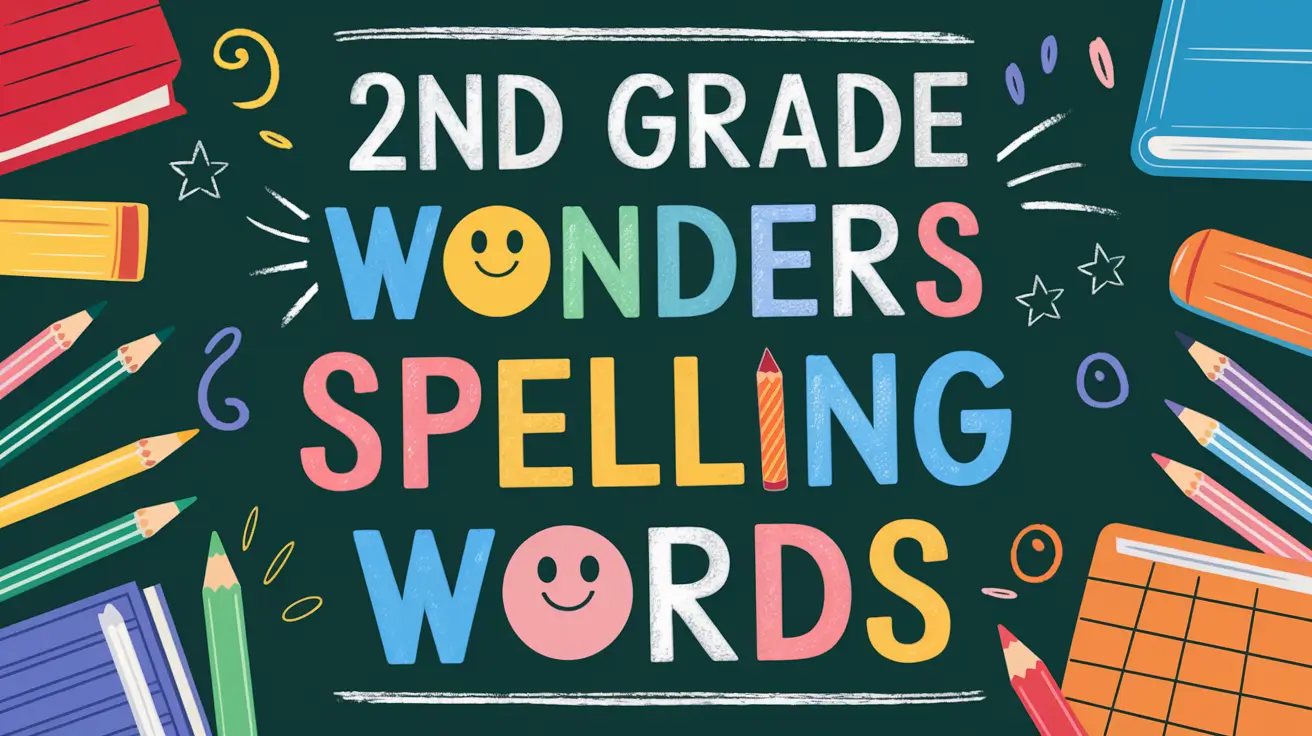 2nd Grade Wonders Spelling Words with colorful text, smiley faces, and school supplies like pencils and books on a teal background.